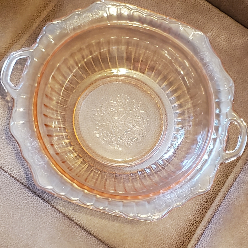 Vintage frosted pink Depression glass square serving bowl with handles